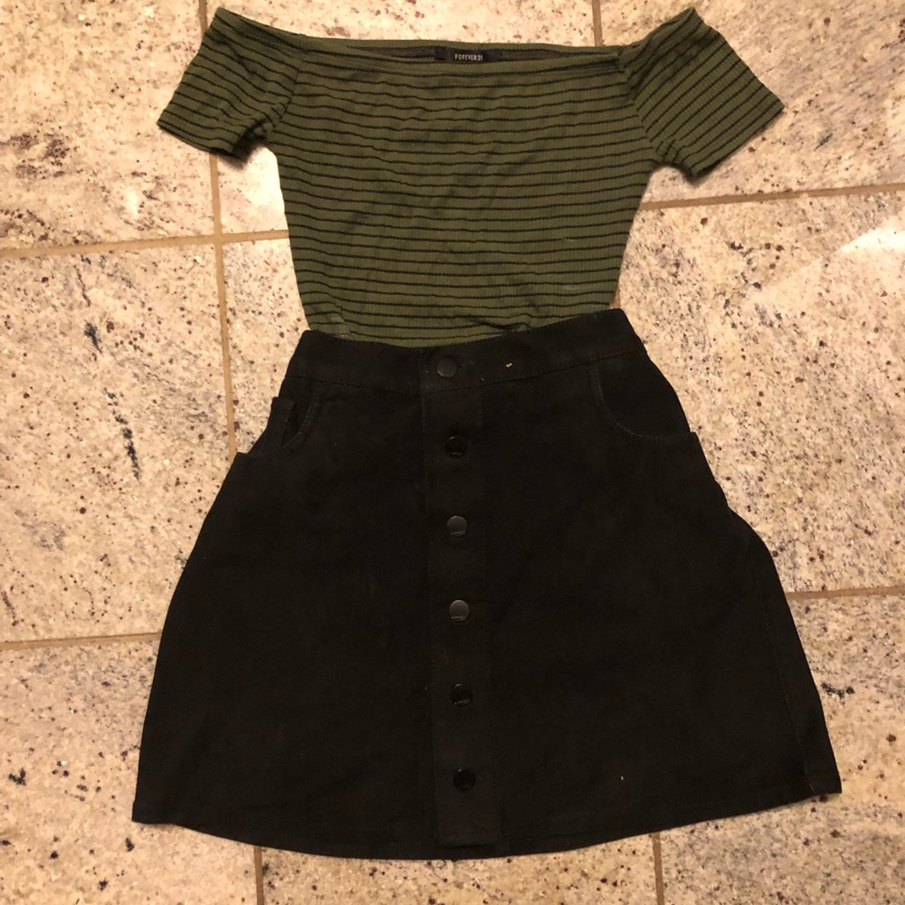 Off the shoulder green and black stripped top